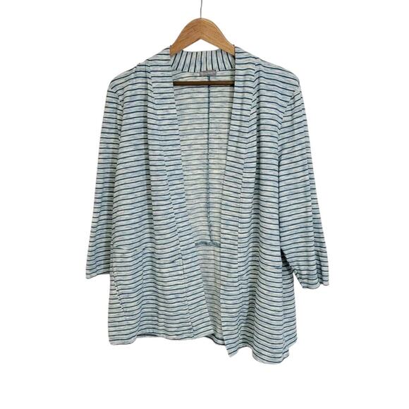 T by Talbots Teal Blue Stripe Cotton Blend 3/4 Sleeve Open Front Cardigan - Picture 1 of 6
